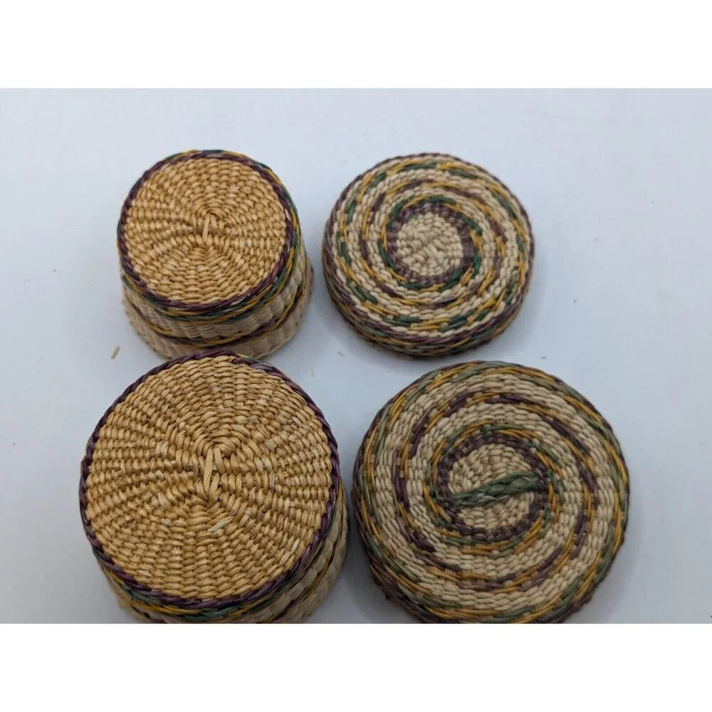 Hand Woven Basket w Lid - Wicker Ethnic Grass Straw Boho Tiny -  Green Yellow